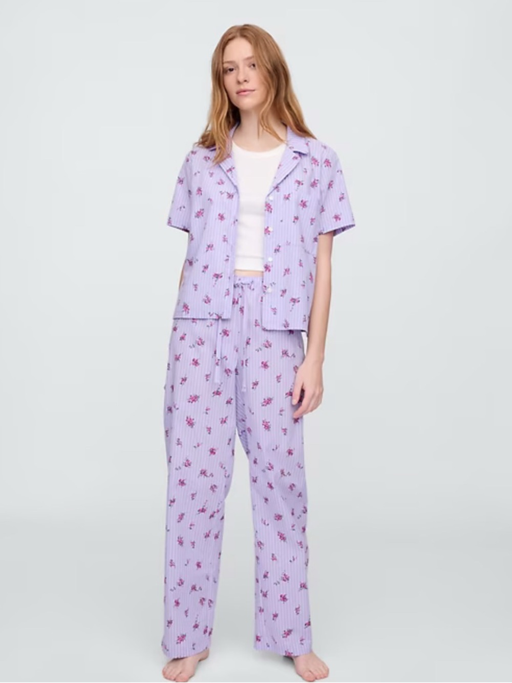 Gap Body 100% Cotton Poplin PJ Set in Purple Stripe Yarn Dye size Large